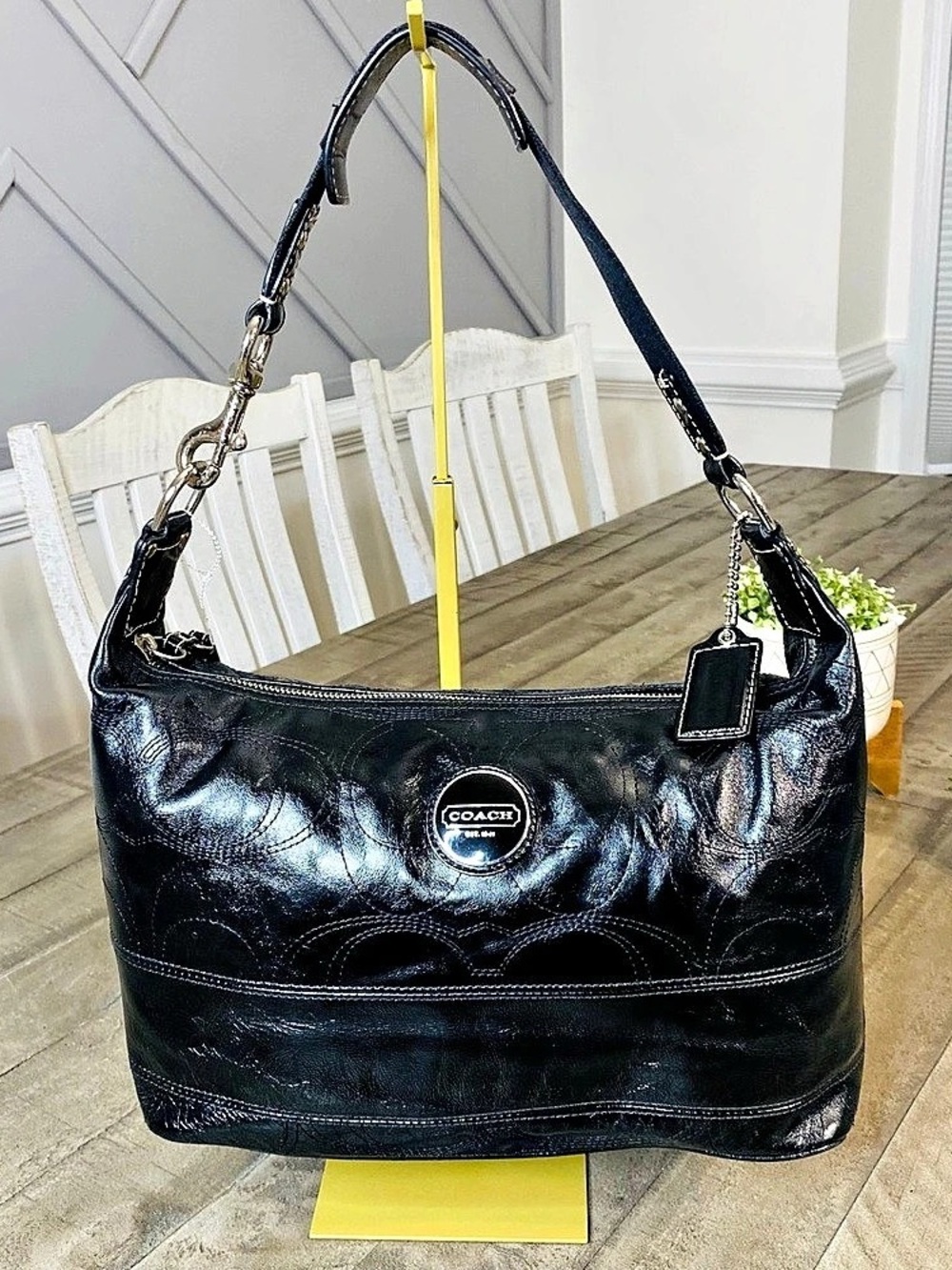 Coach Soho Black Signature Stitch Crinkled Patent Leather Hobo Bag